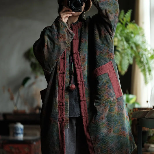 Johnature Women Vintage Print Floral Corduroy Warm Parkas Button Long Sleeve Pockets Coats 2025 Winter New Chinese Style Parkas
