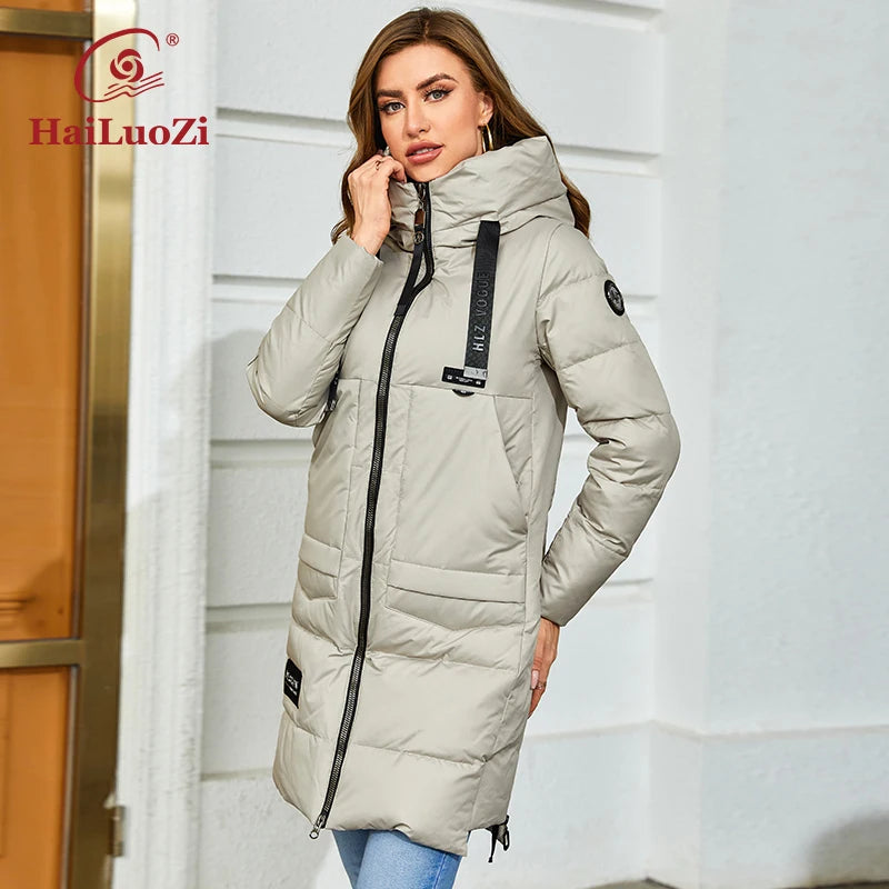 HaiLuoZi 2022 New Women's Coat Hooded Warm and Thick Mid-long Bio Cotton Parkas Side zipper Big Pockets Winter Jacket Women 86