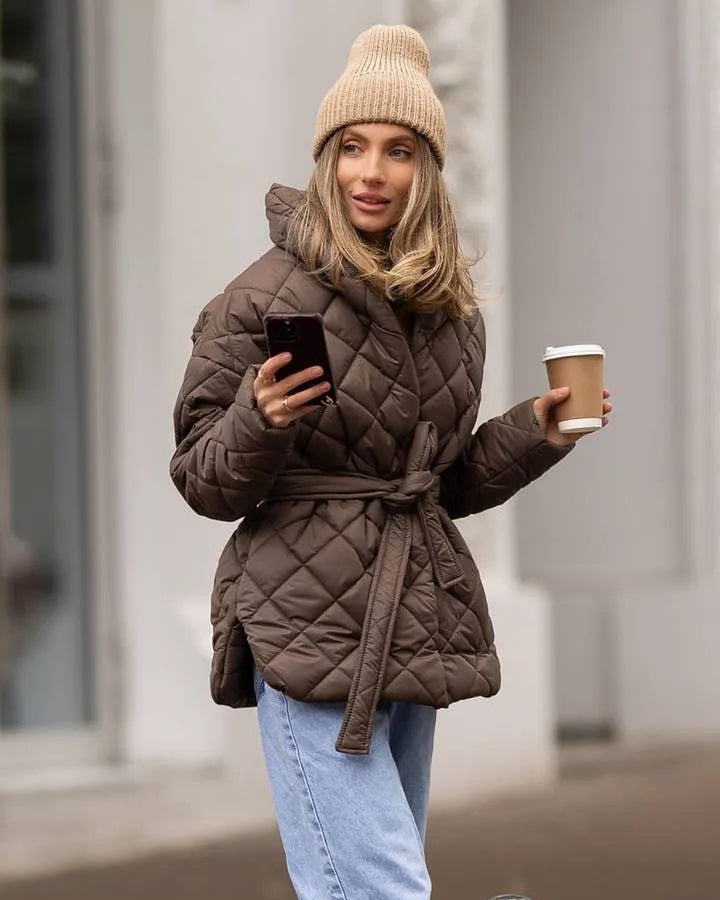 Lace Up Cotton Coat Lady Fashion Casual Stand Collar V-neck Full Sleeve Loose Outerwears Women Winter Daily Commute Street Coats