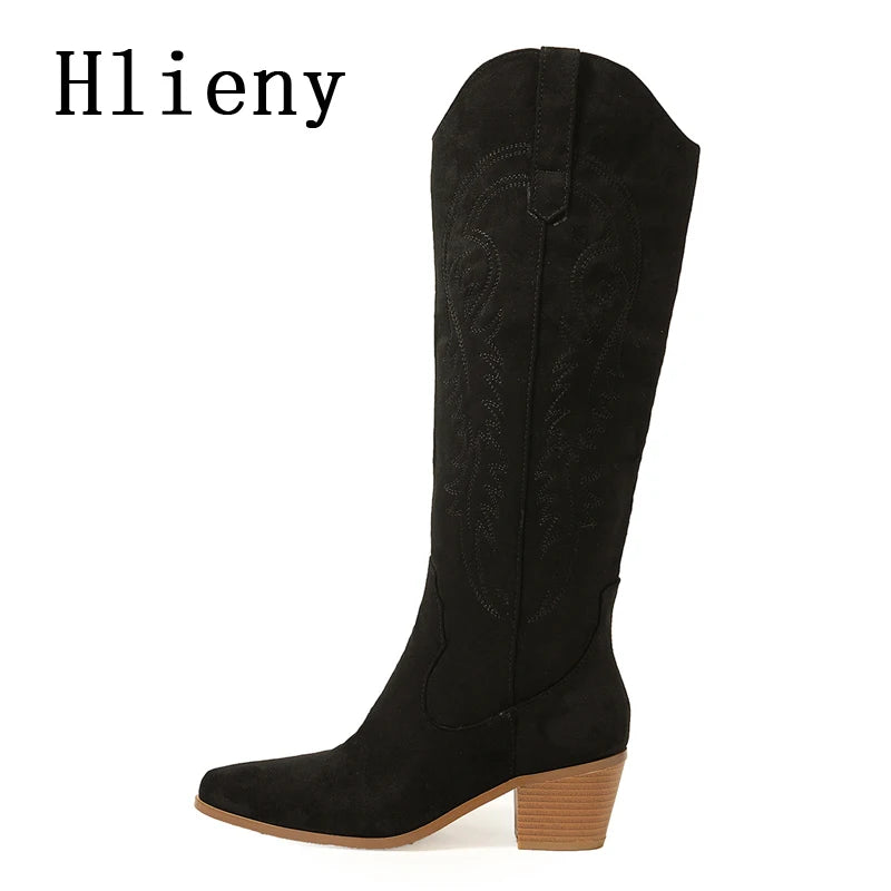 Hlieny 2025 New Retro Spring Winter Knee High Boots Women Comfy Walking Fashion Pointed Toe Female Western Cowboy Boot High Heel
