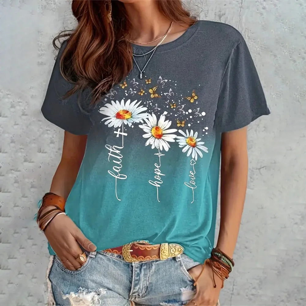Women's Gradient T-shirt Fashion Flower Print Loose Round Neck Top Casual Comfortable Short Sleeve Women's Party T-shirt 2024
