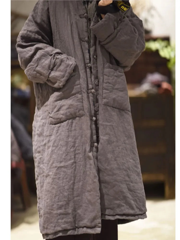 Johnature Women Linen Vintage Winter Parkas Button Coats Pockets Stand Long Sleeve 2025 Chinese Style Women Clothes Long Parkas