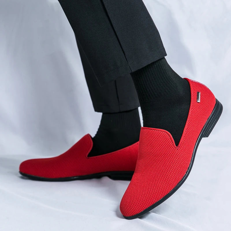 Orange Luxury Male Formal Shoes Summer Knit Breathable Oxfords Shoes Men Slip-on Pointed Toe Dress Loafers Men's Elegant Shoes