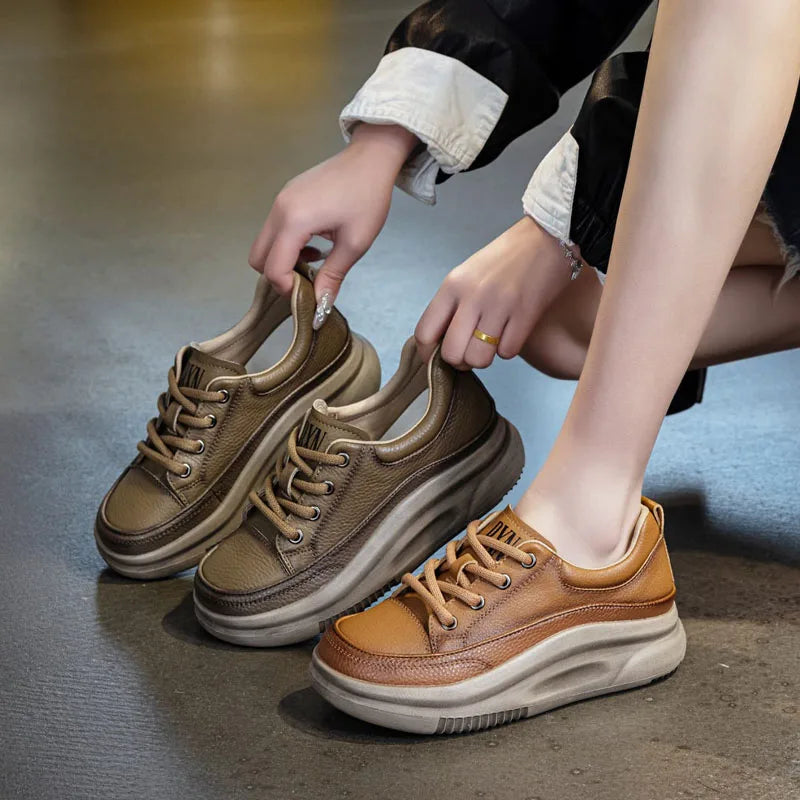 DRKANOL Fashion Women Thick Bottom Casual Sneakers Round Toe Genuine Cow Leather Chunky Platform Lace-Up Lightweight Shoes Lady