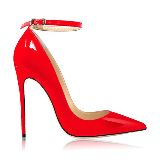 Newest Red Patent Leather High Heel Shoes Sexy Pointed Toe Ankle Strap Women Pumps Thin Heels Dress Shoes