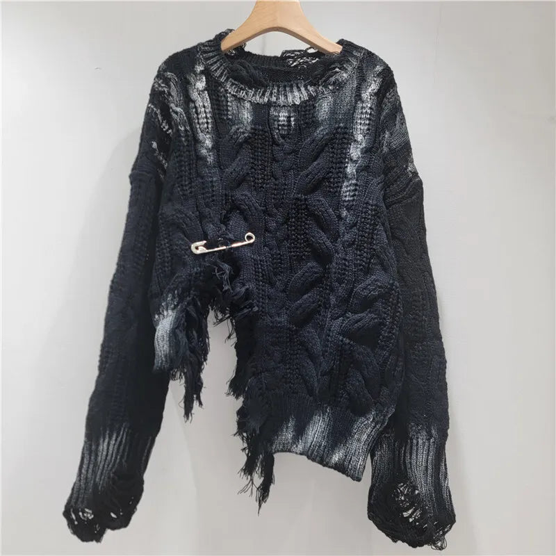 DEAT Women's Knitted Pullover Loose Broken Holes Split Irregular Long Sleeve O-neck Sweaters 2025 New Fashion Autumn 29A2892