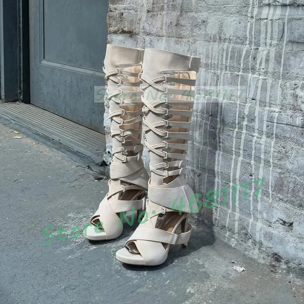 Grey Belt Buckles Tall Sandal Boots Women Trendy Sexy Puttee Cross Strap Heeled Shoes Ladies Open Toe White Flock Hollow Sandals