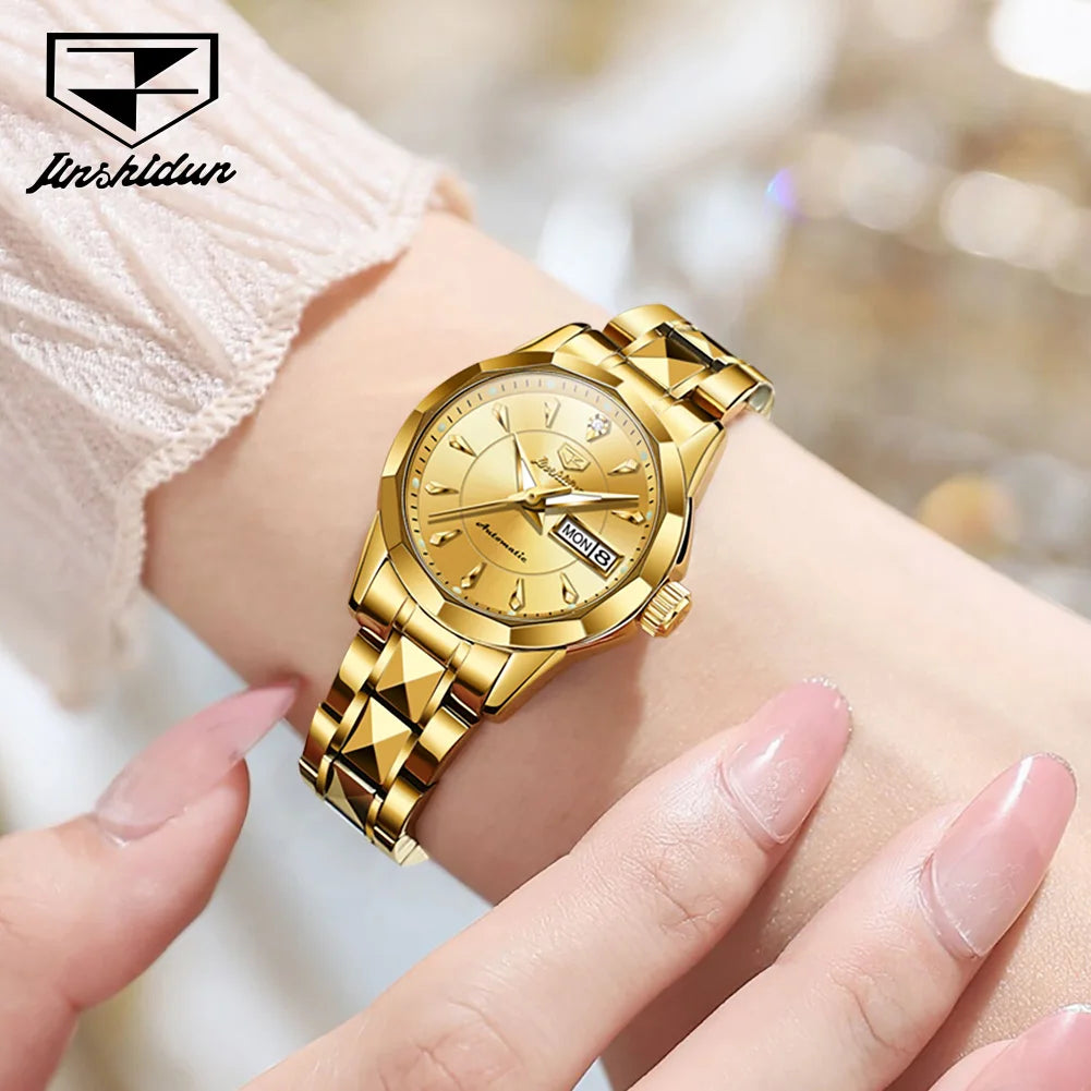 JSDUN Mechanical Watch for Women Luxury Tungsten Steel Strap Dual Calendar Waterproof Luminous Elegant Women's Automatic Watches