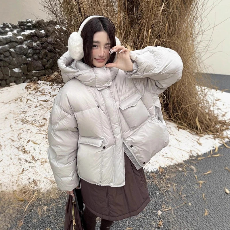 Winter White Duck Down Hooded Parker Outwear Coat Women Big Pocket Solid Loose Down Jacket New Female Warm Zipper Quilted Jacket