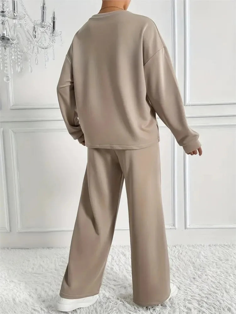 Two-piece Set For Woman Casual O-neck Long Sleeves Sweatshirt Wide-leg Pants Suits Autumn Winter Ladies Fashion Office Outfit