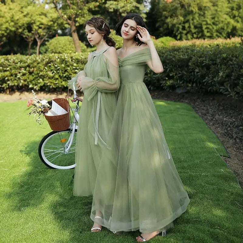 Elegant 4 Styles Green Tulle Bridesmaid Dress Floor Length Off Shoulder A-Line Gown Simple Solid Wedding Party Guest Vestido