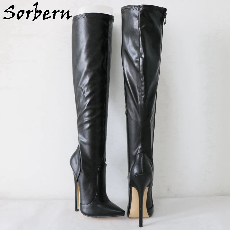 Sorbern Black Knee High Boots For Women 18Cm High Heel Stilettos Pointed Toe Custom Streched Matte Black Shoes