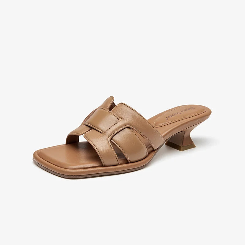 BEAUTODAY Roman Slippers Women Genuine Leather Woven Square Toe Slip-on Flats Outdoors Ladies Mid Heel Shoes Handmade 35111