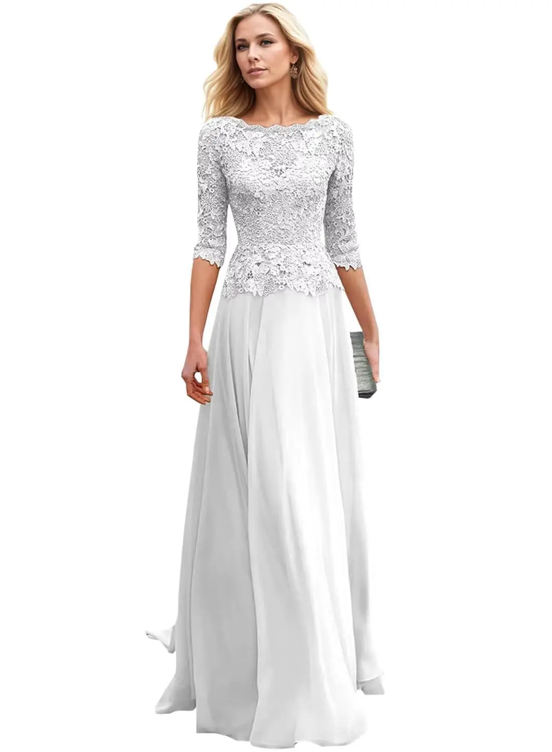 Customized Women's Lace Appliques Mother Of The Bride Dress For Wedding Boat Neck Chiffon Half Sleeves Formal Wedding Guest Gown