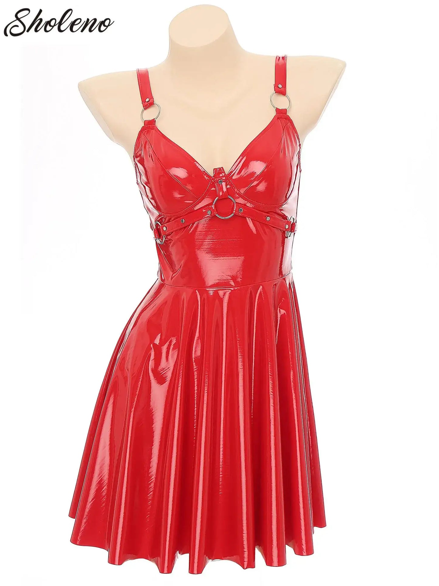 Women's Wet Look Patent Leather Dress O-Ring Rivets Strappy Latex Shiny Vinyl Slip Dress Outfit Gothic Party Dress Clubwear