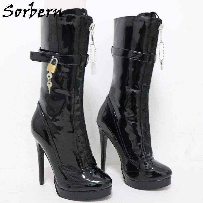 Sorbern Unisex High Ankle Boots Women Straps With Locks Visible Platform High Heels 25Cm Shaft Height Lockable Front Zipper Boot