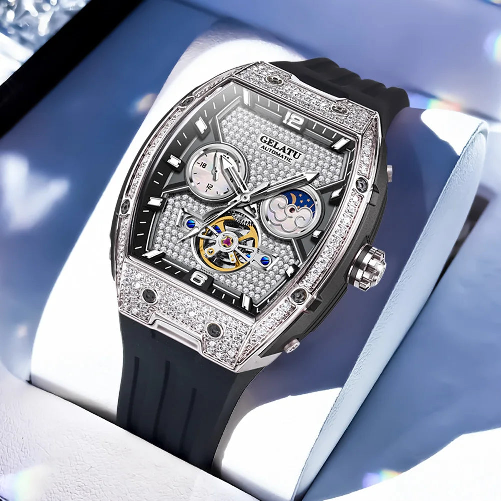 GELATU 6016 Women Watch Luxury Full Diamond Hollow out Dial Silicone Waterproof Moonphase Watch Women Automatic Mechanical Watch