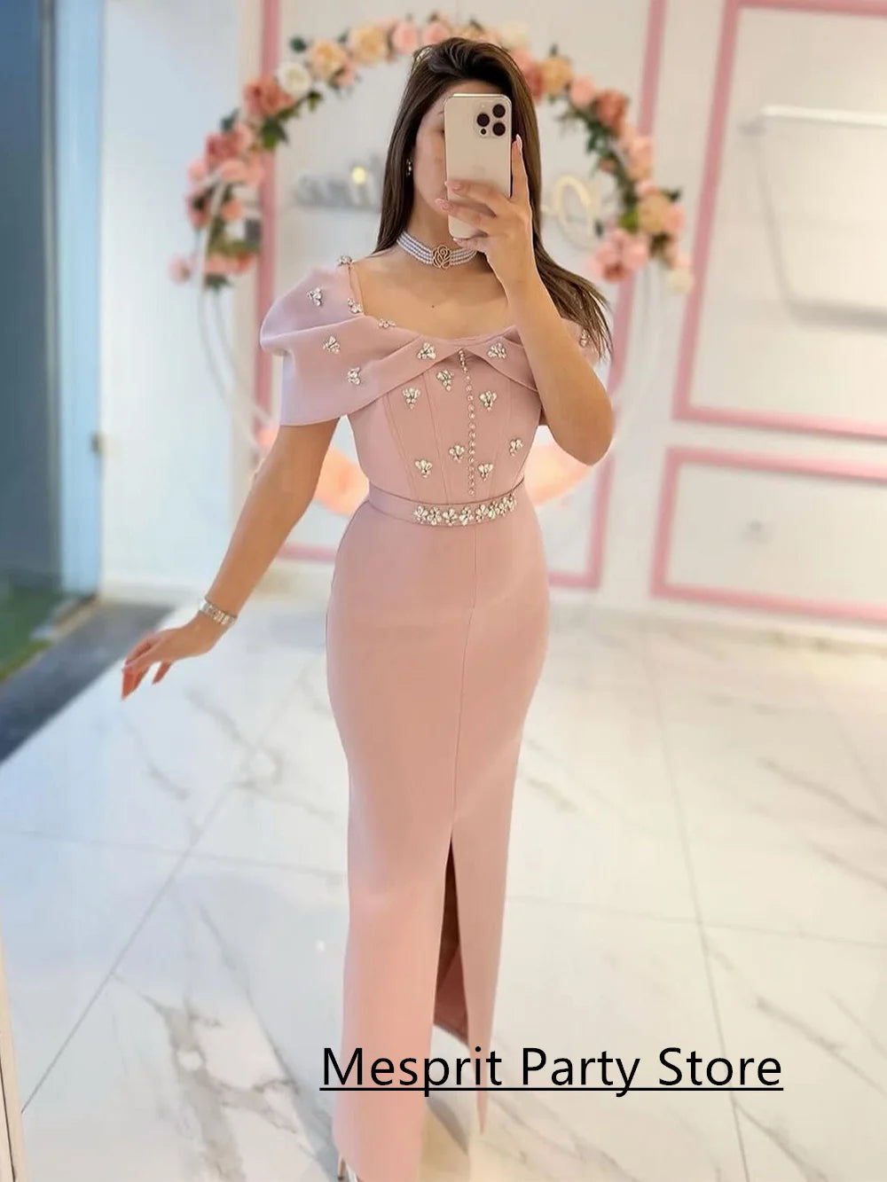 Arabian Evening Dress Crystal Customized Off The Shoulder Front Slit Ankle Length Party Dresses for Dancing Prom Gown