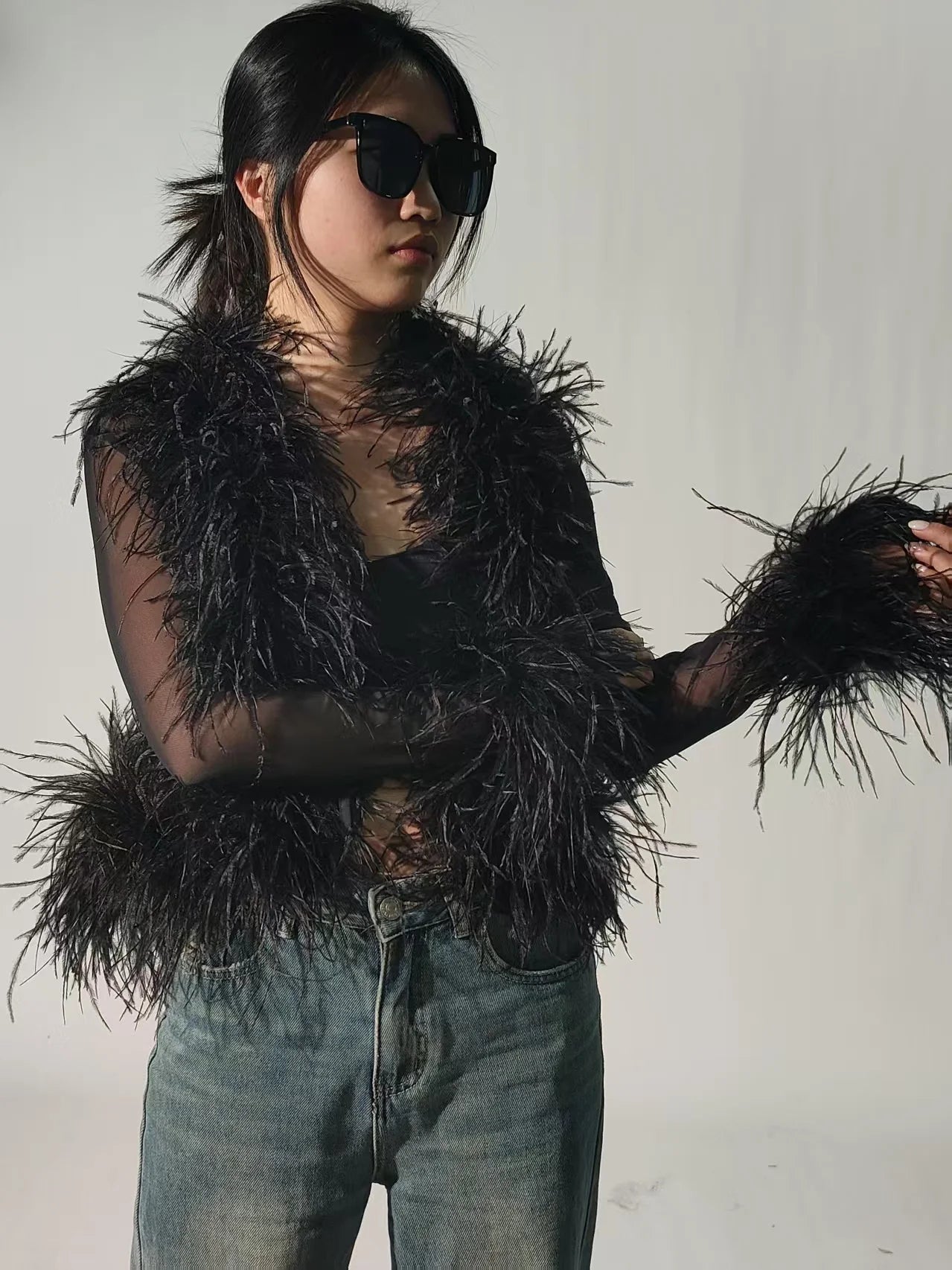 Jxwatcher Women's Sexy Mesh Feather Tops Spring Summer Ladies Vintage Celebrity Real Ostrich Feather Coat Fashion Party Wear New