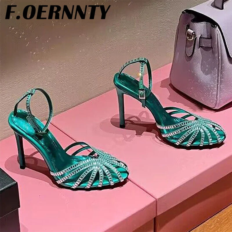 Summer New Rhinestone Closed Toe Runway Sandals Women Weave Hollow Stiletto Sandals Sexy Ankle Strap Crystal Sandals Women
