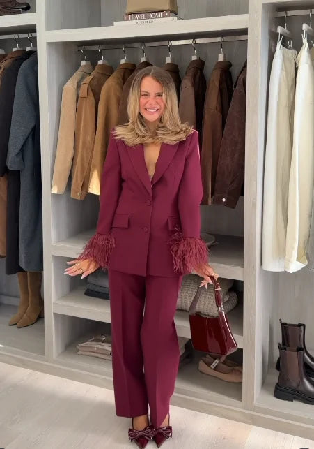 Lady Solid Lapel Blazer Suit Full Sleeve V-neck Single Breasted Straight Leg Pants Suits 2025 Fashion New Office Commute Outfit
