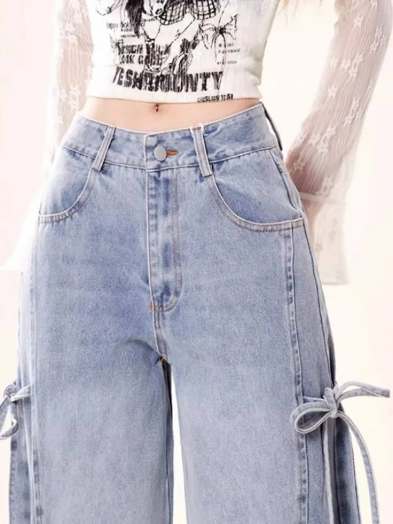 Jeans Women Vintage Bow Design Baggy Wide Leg Trousers Autumn High Waist Students Young All-match Daily Harajuku Slouchy Chic