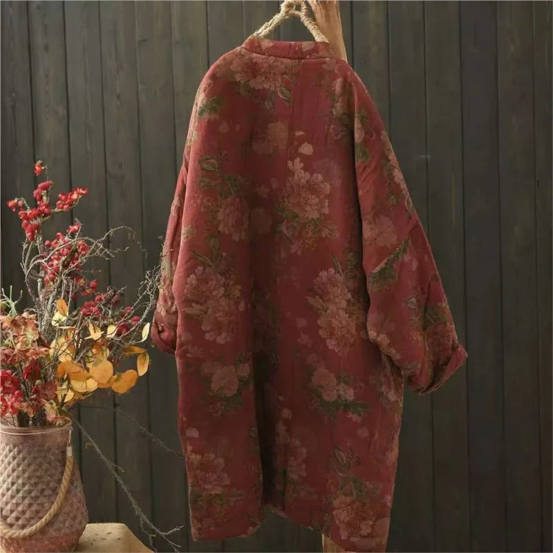 Johnature 2025 Woman Winter New Splicing Vintage Chinese Style Print Long Sleeves Parkas Fashion Loose Single Breasted Parkas