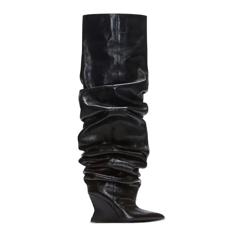 European and American Autumn and Winter Pleated Thick High Heels Knee High Women's Boots Pointed Fashion Party Women's Boots