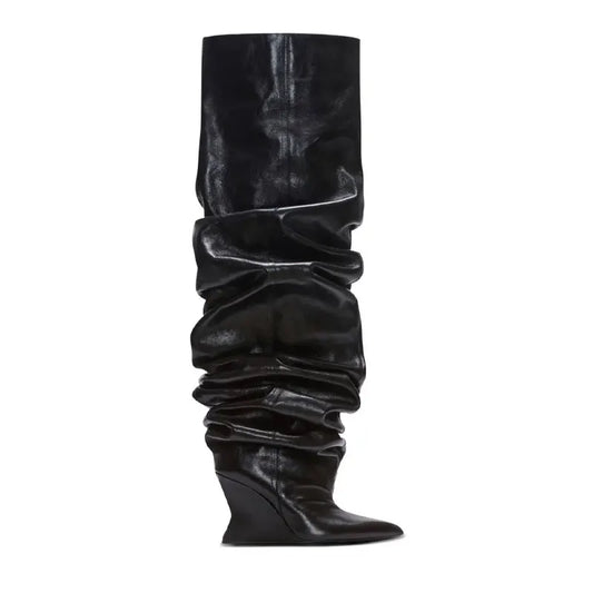 European and American Autumn and Winter Pleated Thick High Heels Knee High Women's Boots Pointed Fashion Party Women's Boots