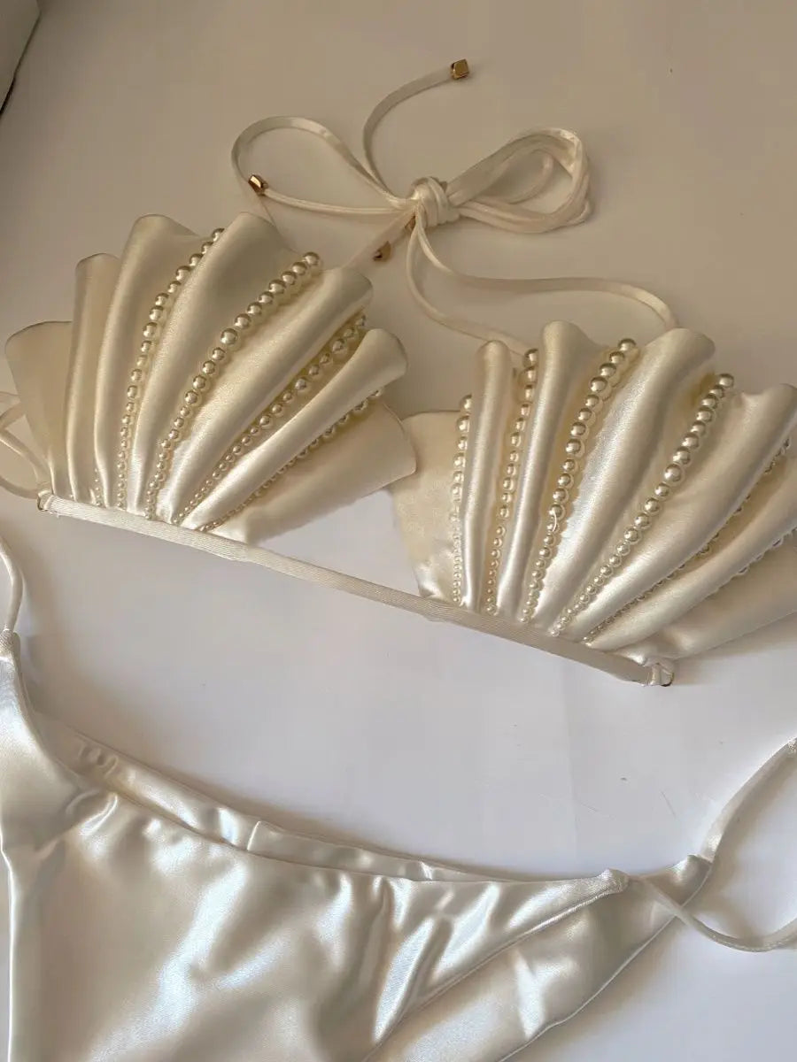 High-Grade Pearl White Bikini Women's Small Chest Push up Swimsuit Seaside Vacation