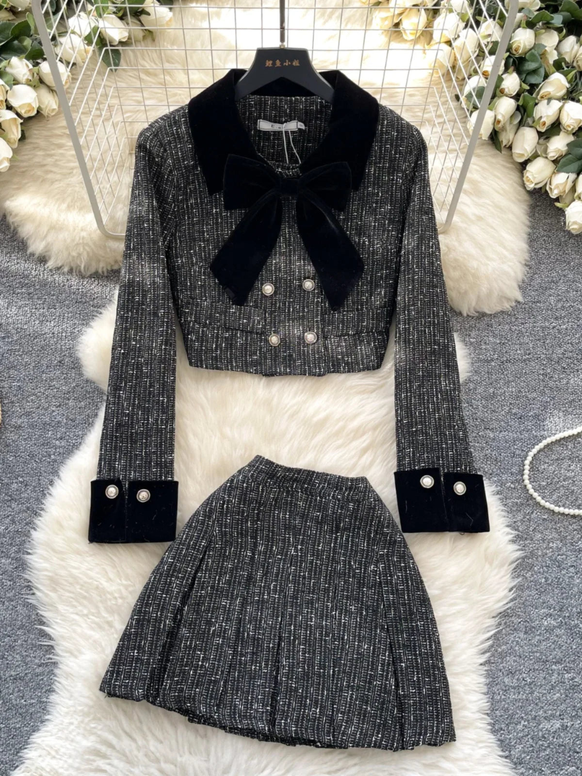 High Waist Midi Skirt And Coat Set for Women in Tweed Material with Long Sves And Bow Design Vintage And Faionable