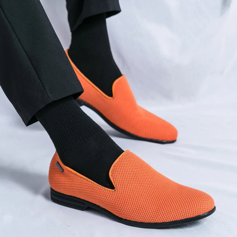 Orange Luxury Male Formal Shoes Summer Knit Breathable Oxfords Shoes Men Slip-on Pointed Toe Dress Loafers Men's Elegant Shoes