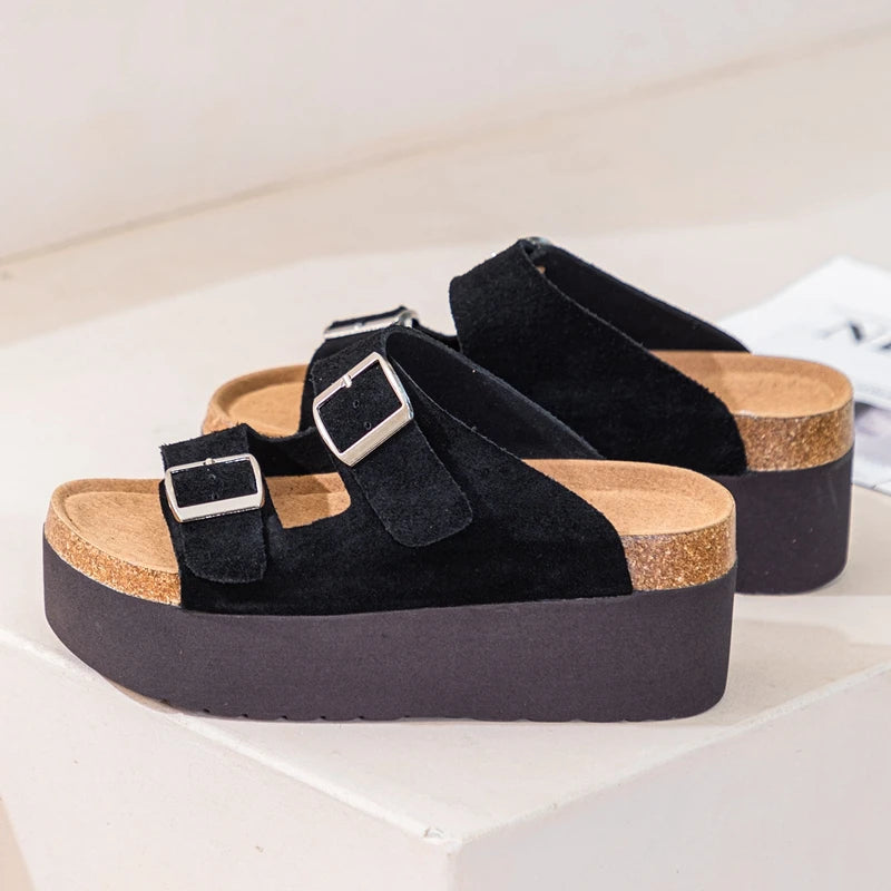 AUTUSPIN Trendy Streetlish Buckles Slippers for Women Nubuck Leather Summer Platform Shoes Ladies Comfort Fashion Slipper Woman