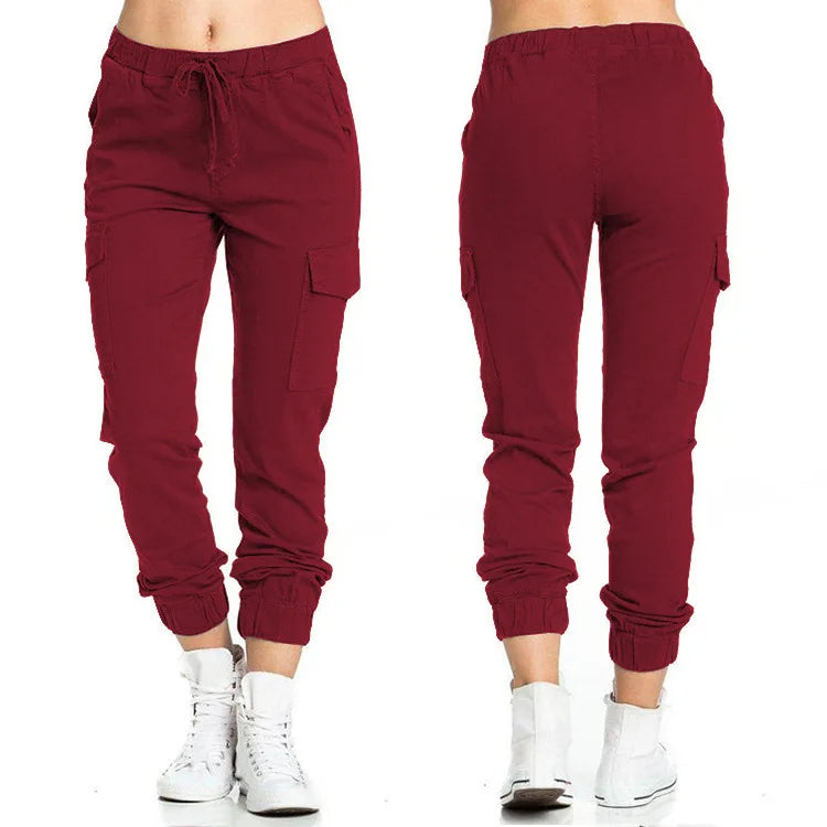 New Solid Jogger Women's Cargo Pants Multi-Pocket Drawstring Elastic Waist Women Sports Pants Streetwear Casual Long Pant