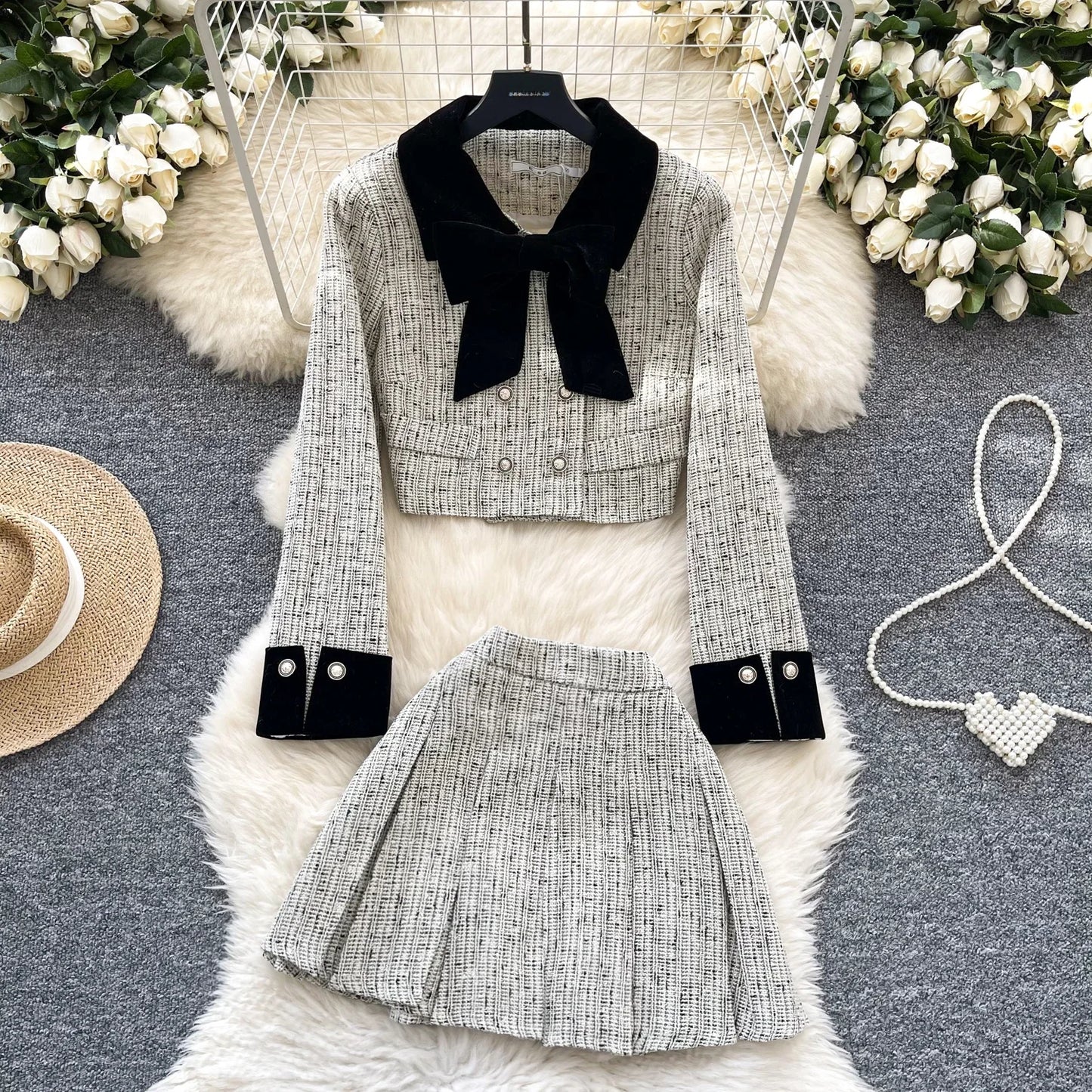 High Waist Midi Skirt And Coat Set for Women in Tweed Material with Long Sves And Bow Design Vintage And Faionable