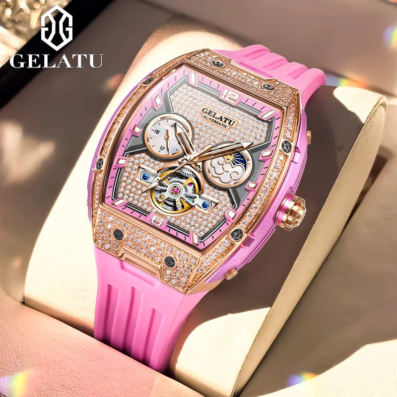 GELATU 6016 Women Watch Luxury Full Diamond Hollow out Dial Silicone Waterproof Moonphase Watch Women Automatic Mechanical Watch