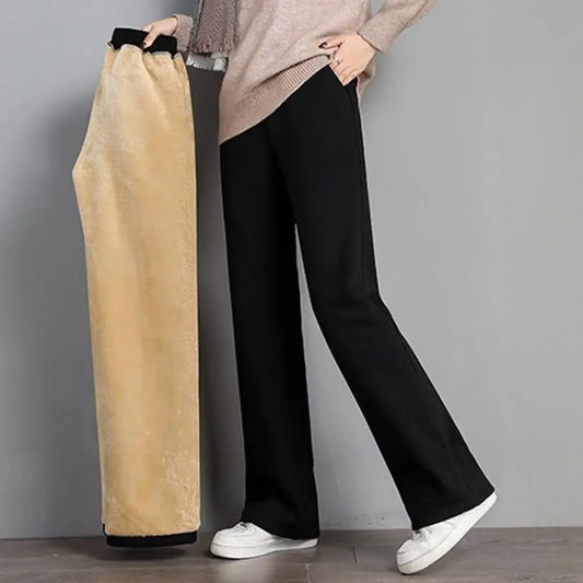 Women Pants Autumn Winter Fleece Lining Pants Elastic High Waist Straight Wide Leg Pants Solid Color Loose Fit Long Trousers