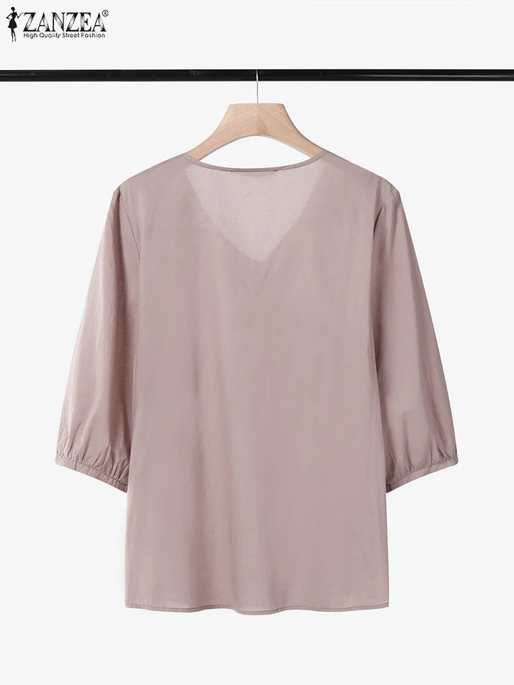 ZANZEA Women Vintage Floral Embroidery Blouses Summer Casual V-Neck Half Puff Sleeve Pintuck Blusas Mujer Day Wear Tunic Tops