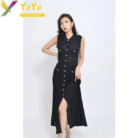 Elegant Formal Knit Black/Green V-neck Sleeveless Button Split Dress New Fashion temperament Slim Fit Chic Work Sweater Dress
