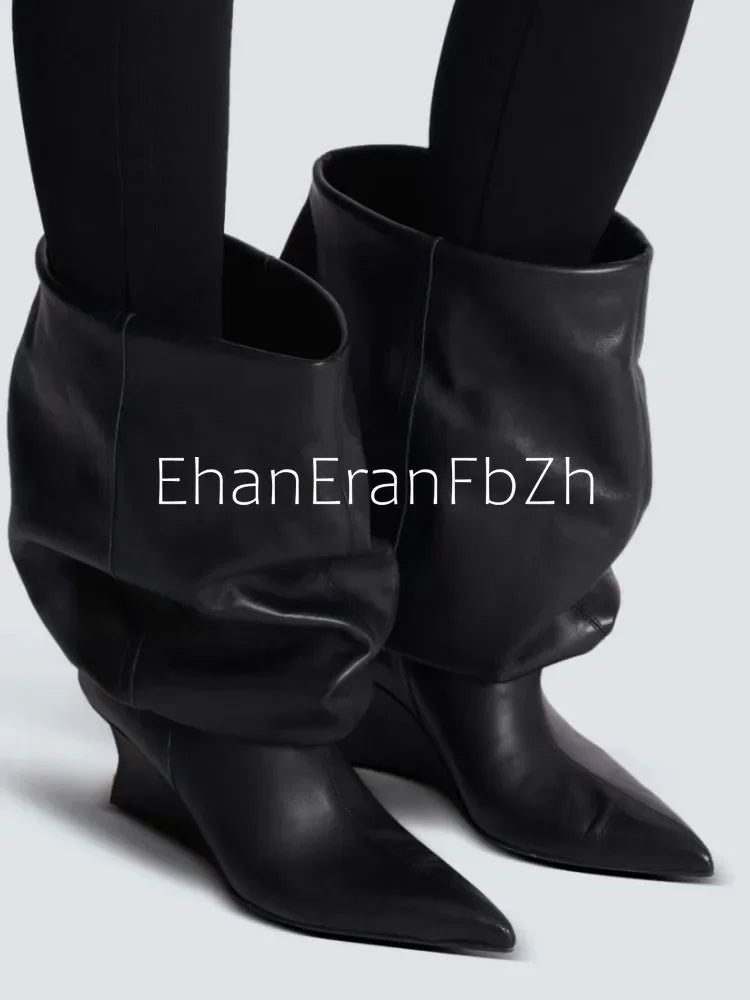 European and American Autumn and Winter Pleated Thick High Heels Knee High Women's Boots Pointed Fashion Party Women's Boots