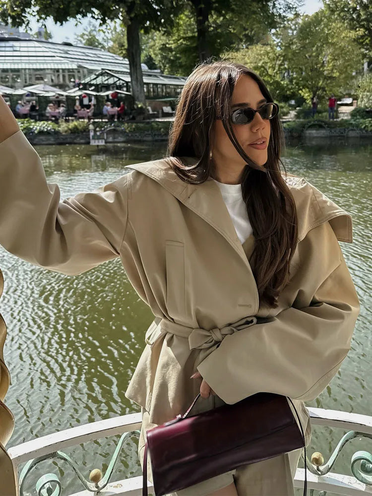 HH Women Fashion Summer Suits Solid Turn-Down Collar Long Sleeves Lace-Up Single-Breasted Jackets+High Waist Zipper Shorts