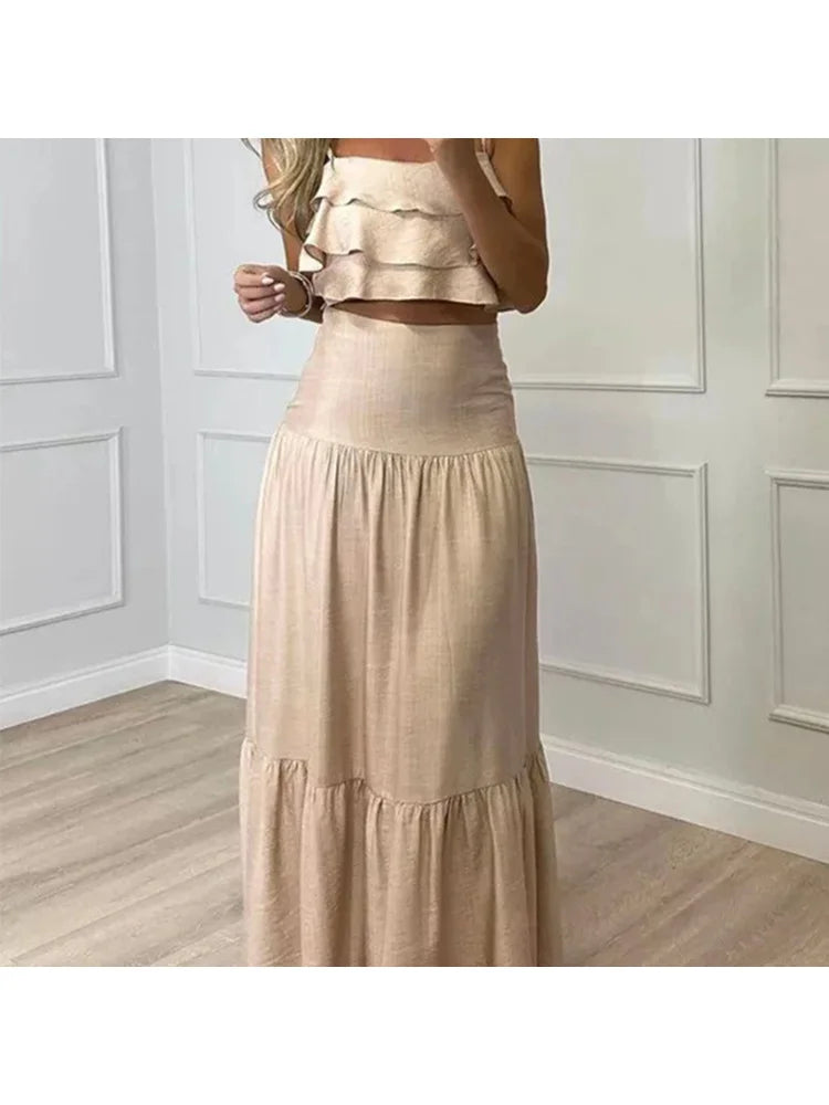 Beige Linen Ruffled Crop Top Tiered Skirt Set for Women Perfect for Summer Days Picnics Casual Bohemian Outfits