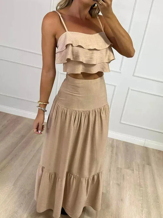 Beige Linen Ruffled Crop Top Tiered Skirt Set for Women Perfect for Summer Days Picnics Casual Bohemian Outfits