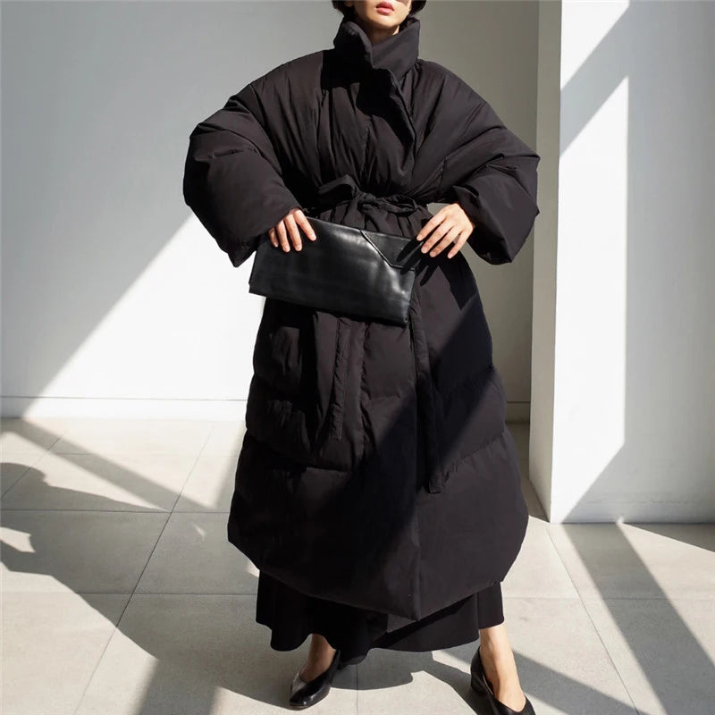 Winter New Stand Collar Long Down Jackets Loose Belt Long Sleeve Warm Coat Fashion Solid Cotton Padded Warm Down Overcoat Women