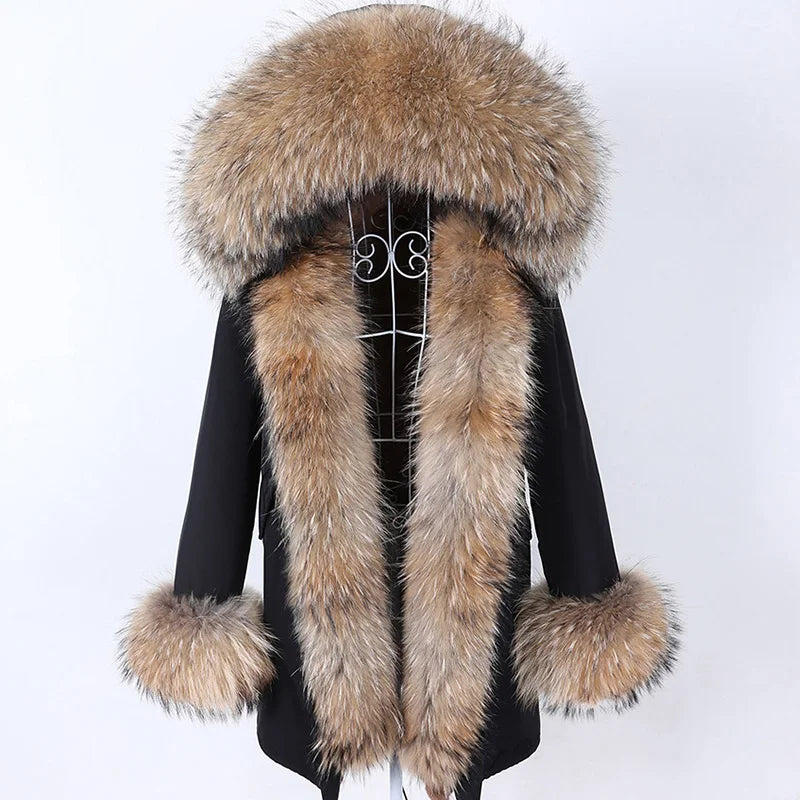 Maomaokong Winter Women Luxur Beige Fur Coat Natural Real Fox Fur Waterproof Jacket Hooded Thick Warm Fashion Long Black Parkas