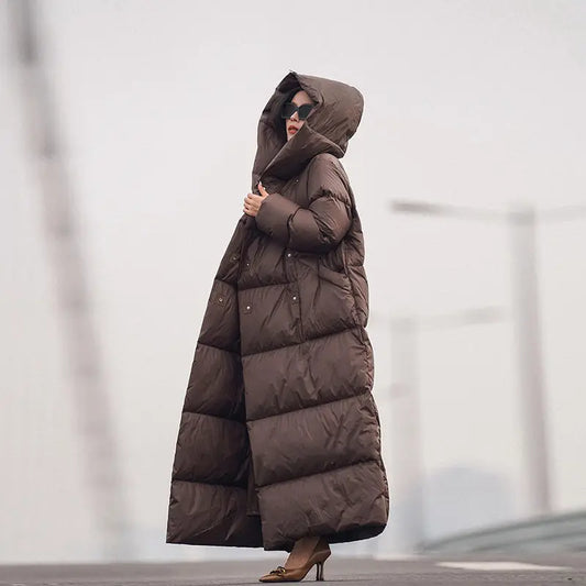 Winter Women Long White Duck Down Cotton Coat Fashion Windproof Hood Casual Thickened Warm Cotton Coat Women Parkas Jacket Coat