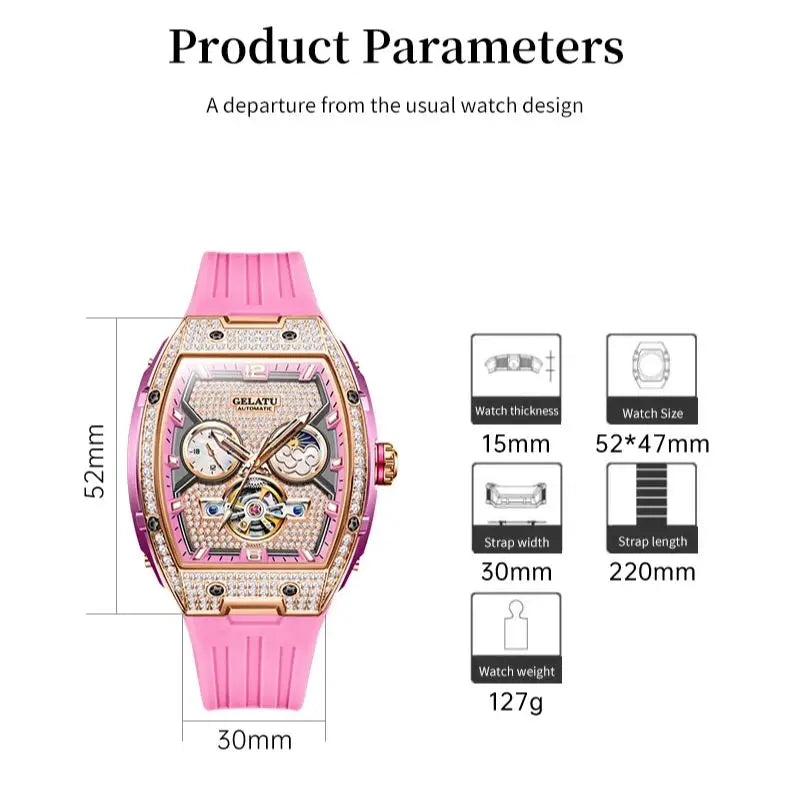 GELATU 6016 Women Watch Luxury Full Diamond Hollow out Dial Silicone Waterproof Moonphase Watch Women Automatic Mechanical Watch