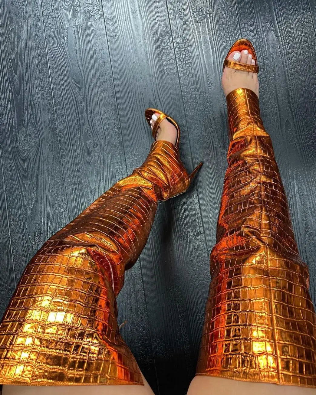 Summer Open Toe Snakeskin Leather Over the Knee Sandal Boots Sexy Cutouts Thigh High Boots