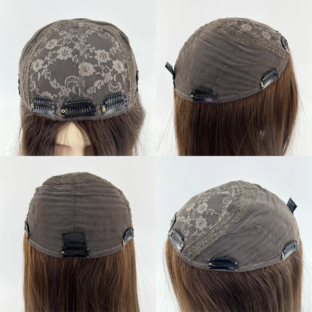 Jewish Topper Full Virgin European Hair 8x8'' Silk Base Natural Scalp Medium Brown Same Length Sheitels Silk Top Kosher Wig