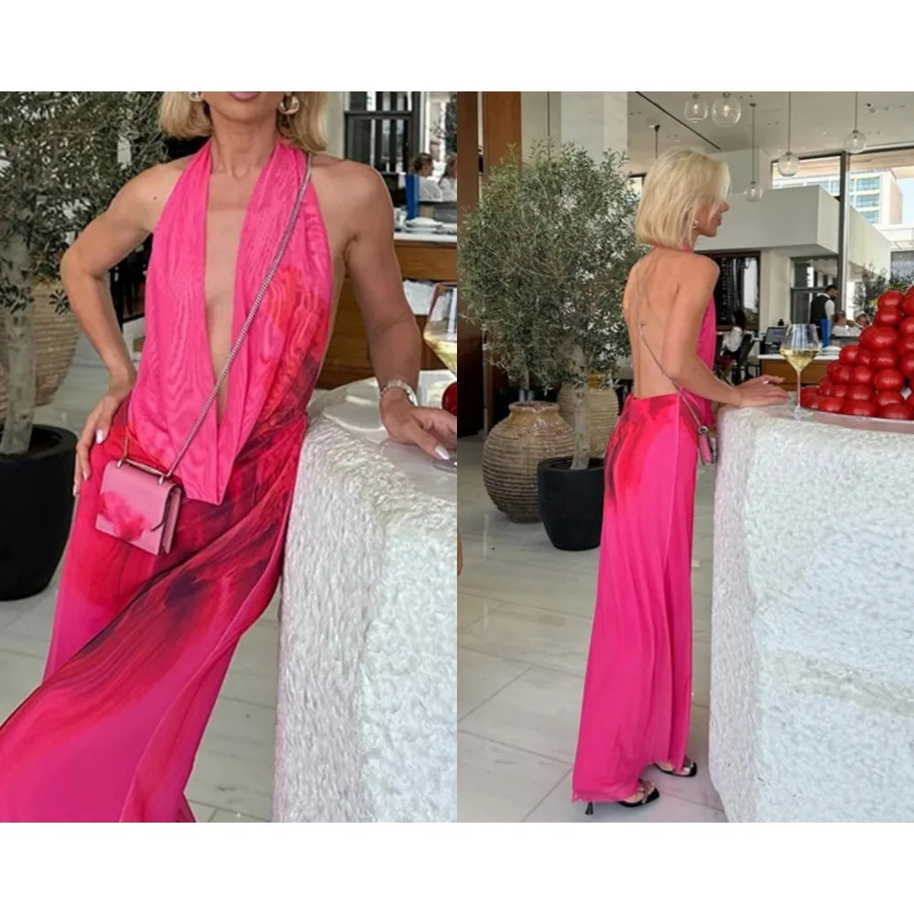 Halter Print Elegant Evening Dresses for Women Backless Bodycon Temperament Sleeveless Slim Drape Dye Dresses Party 2024 Summer